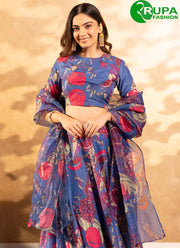 New Designer Blue Multi Color Chinon Digital Print Work Readymade Lehenga Choli